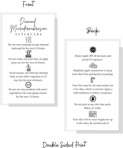 Lashicorn 50 Pack 2x3.5 inch Diamond Microdermabrasion Aftercare Cards | | Business Card | Esthetician Supplies |