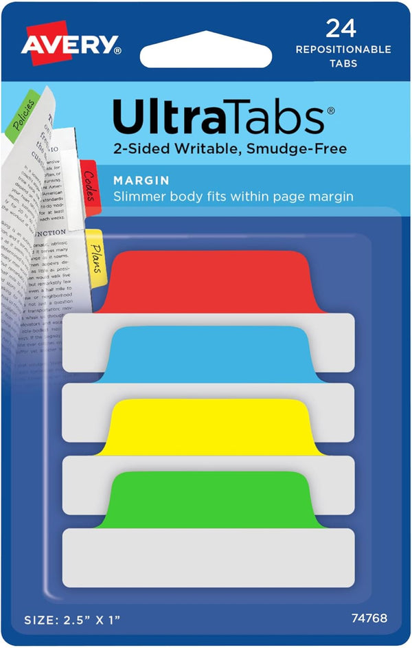 Avery Margin Ultra Tabs - 2.5" x 1", 24 Repositionable Page Tabs, Assorted Colors, 2-Side Writable