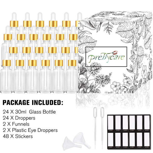 PrettyCare 1oz Glass Dropper Bottle, 24 Pack Clear Bottles with 2 Funnels & 2 Long Pipettes