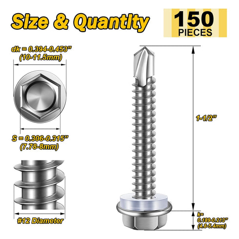 150pcs #12×1-1/2" Self Tapping Screws for Metal, 410 Stainless Steel, Hex Washer Head Self Drilling Screws, High-Strength Quick Tapping TEK Screws, Corrosion Resistant