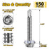 150pcs #12×1-1/2" Self Tapping Screws for Metal, 410 Stainless Steel, Hex Washer Head Self Drilling Screws, High-Strength Quick Tapping TEK Screws, Corrosion Resistant
