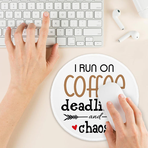YAZMEEN Funny Text Mouse Pad, Coffee Deadline Chaos, Non-Slip Rubber Base, Cute Round Mat for Office