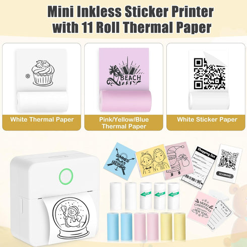 Mini Pocket Thermal Printer, Bluetooth Inkless Printer with 11 Rolls Paper, Portable Receipt Printer for Photo, Memo,