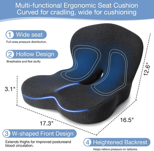 Tailbone Memory Foam Seat Cushion, Chair Cushion for Office Chair, Car Seat, Relieving Pressure Sciatica Back Pain