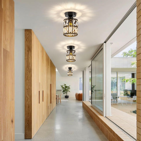 Ruibutrade 1-Light Black Hallway Light Fixtures, Modern Semi Flush Mount Ceiling Light, Crystal Chandelier for Bedroom