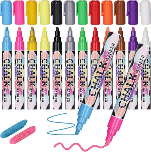 Liquid Erasable Chalk Markers Pens - 12 Colors, Washable & Wet Erase Neon Markers for Blackboard, Glass Window, Kids Art