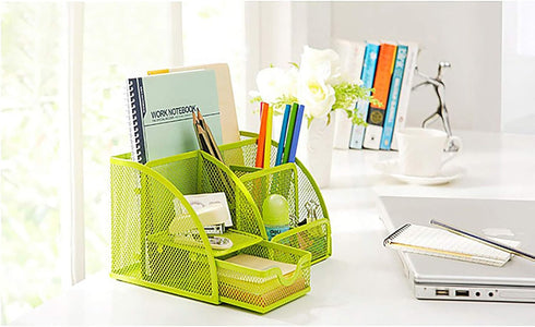 VANRA Mesh Desk Organizer, Office Supply Caddy with 6 Compartments and Drawer (Green)