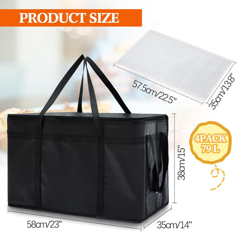 4 Commercial Maxcheck Pcs XXXL Insulated Food Delivery Bags with Removable Hard Bottom Foldable and Reusable Grocery