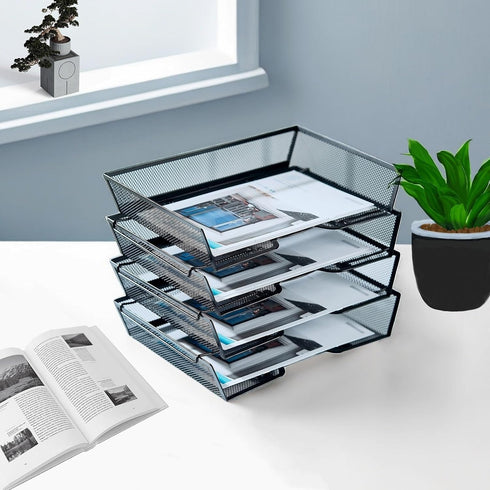 SETTFRFE 4-Tier Letter Tray Desk Organizer - Mesh Stackable File Trays for Desktop Paper Storage, Black