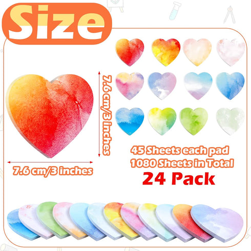Teling 24 Pcs Heart Shaped Sticky Notes, 3 x 3 Inch Pad, Cute Colorful Memo Pads for Girls Office Supplies