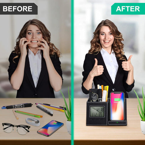 Pen Holder and Organizer for Desk with Wireless Charger, Digital Indoor Thermometer and Humidity Gauge