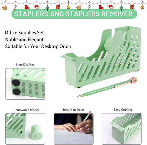 Green Desk Accessory Kit - Acrylic Stapler Set for Women and Students - Includes Tape Dispenser and 1000 Staples