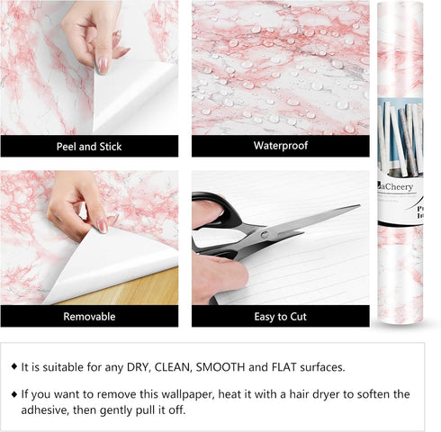 LACHEERY Marble Contact Paper Pink White Marble Peel and Stick for Countertops, Waterproof Wallpaper 15.8"x80"