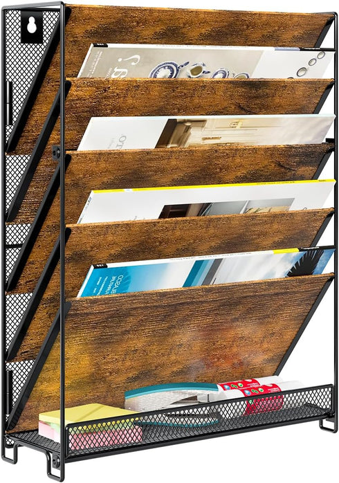 PAG Wall File Organizer, 6-Tier Rustic Hanging Holder for Documents and Magazines, Brown