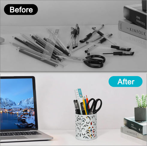 EasyPAG Metal Round Pencil Holder 2 Pack - White Pen Cup Organizers for Desk