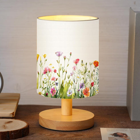 VIHOSE Wild Flower Kids Table Lamp for Bedroom Kids Bedside Lamp with Linen Wooden Nightstand Cartoon Nursery Lampshade
