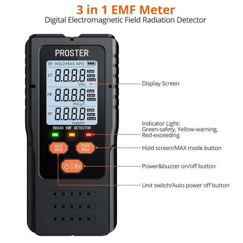 Proster 3in1 Digital Electromagnetic Field Radiation Detector, EMF Meter for Home Office Inspections