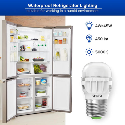 SANSI LED Refrigerator Light Bulb 45W Equivalent, 5000K Daylight White 450 Lumen 4W Appliance Light Bulb A11 Small LED Light Bulb, E26 Freezer Home Light Bulbs, Waterproof, Non-Dimmable, 4-Pack by SANSI