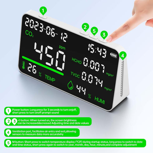 CIS 7-in-1 CO2, Air Quality Monitor, Indoor Humidity Monitor, Temperature, TVOC, HCHO, Time, Date Display Desktop Air