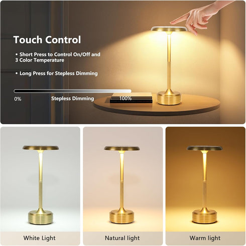 baishezhuan 3-Levels Dimming Small Gold Rechargeable Cordless LED Table Lamps Touch Sensor Light, Portable Wireless