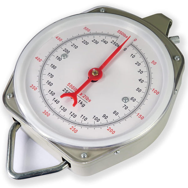 Hanging Spring Dial Scale, 550lb/250kg Big Game Scale with 2 S-Hooks for Warehouse Kitchen Fishing Hunting