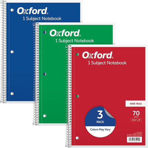 Oxford 1-Subject Notebooks, 8 x 10-1/2 Inch, Wide Rule, 70 Sheets, 3 Pack, Red, Blue, Green