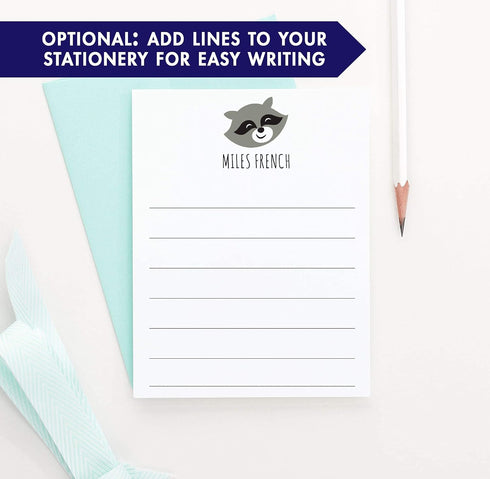 Set 10 Raccoon Note cards for kids, Forest Animals Baby shower thank you cards, Personalized stationery for Boys
