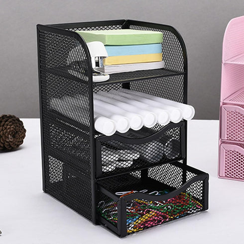 HEEPDD 3 Tier Mesh Office Desktop Organizer with 3 Drawer, Mini Desk Supplies Organizer, Metal Stationary Black Desk