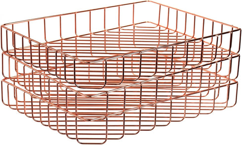 Okllen 3 Pack Wire File Tray, Rose Gold Paper Tray Desk Letter Tray for Office, Large Documents Storage Basket Organizer