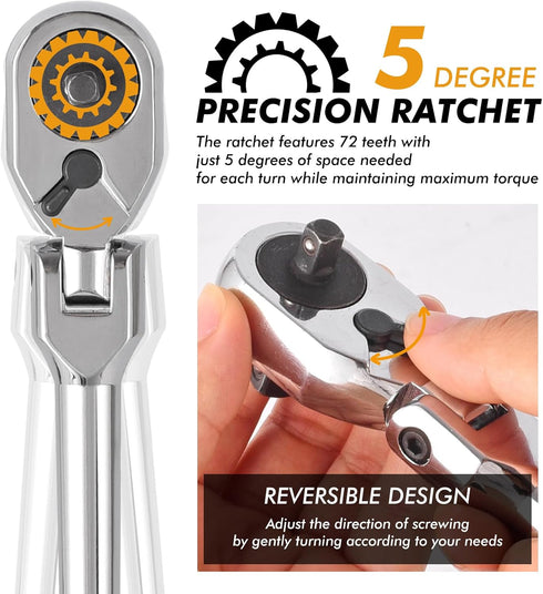 Dual 3/8 and 1/4 Drive Flex Head Ratchet, 72-Tooth 3/8 Ratchet Wrench with Quick-release and Reversible Switch