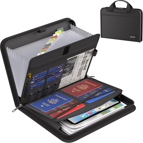 ENGPOW Fireproof Accordion File Organizer, 13 Pockets Document Organizer with Handle & Labels for Home Travel Storage