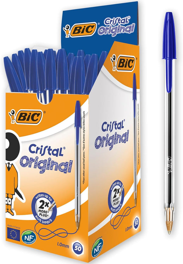 Bic Cristal Original Ballpoint Pens, Medium Point (1.0 mm), Blue, Box of 50 Every-Day Writing Pens with Clear Barrel