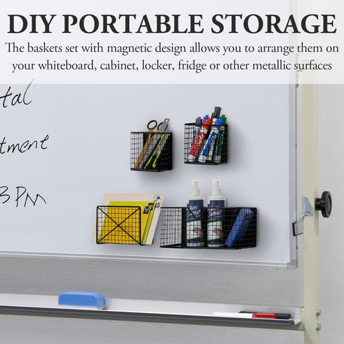 MyGift Magnetic Office Supplies Storage Organizer Baskets, Industrial Matte Black Metal Wire Mesh Mail Slot, 4 Piece Set