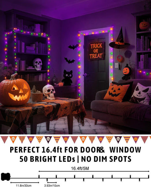 Kelumi 16.4ft 50 Halloween String Lights Battery Operated, Orange Purple and Green Lights with Timer Waterproof LED
