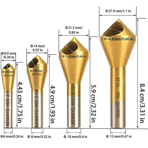 KEWAYO 4pcs Titanium Coated Countersink Chamfer Tool Set, Metal Wood Drill Bits for Deburring