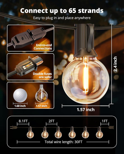 30FT 13 G40 Bulbs 2700K Dimmable VIPAR Outdoor String Lights, Patio Lights Outdoor Waterproof, Shatterproof Connectable