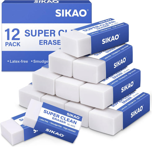Sikao 12 Pack Pencil Erasers for Kids - White Erasers Bulk, Art Erasers for Drawing, Office School Supplies