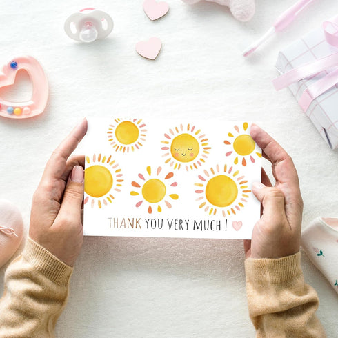 50 Pack FYSUIMU Watercolor Sun Thank You Cards Boxed Sunshine Note Cards with Envelopes Stickers Greeting Blank Card