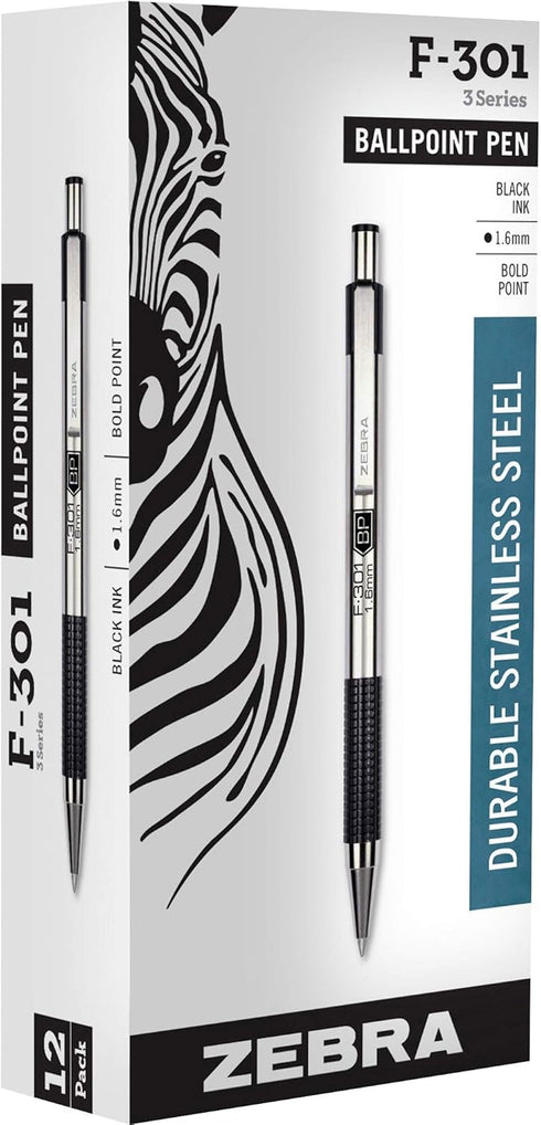 Zebra Pen F-301 Retractable Ballpoint Pen, Stainless Steel Barrel, Bold Point, 1.6mm, 12-Pack