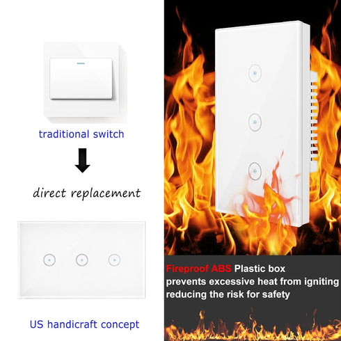 Jinvoo WiFi Wall Light Touch Panel Switch - 2.4GHz Smartphone Remote Control, White 3 Gang