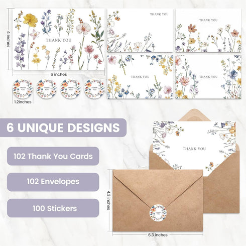 XXINMOH 102 PACK (4"x6") Floral Thank You Cards With Envelopes - Wildflower Blank Cards With Adhesive Envelopes