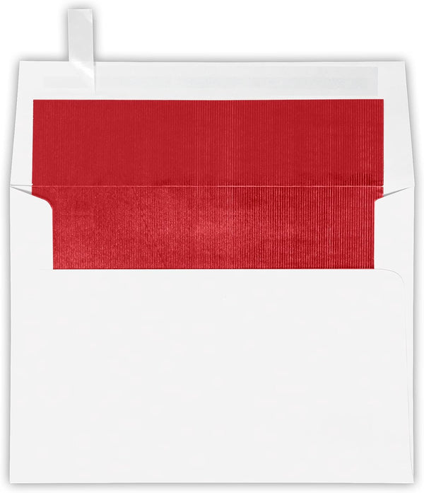 LUXPaper A7 Foil Lined Invitation Envelopes - White w/Red LUX Lining - 5 1/4" x 7 1/4" - 50 Qty