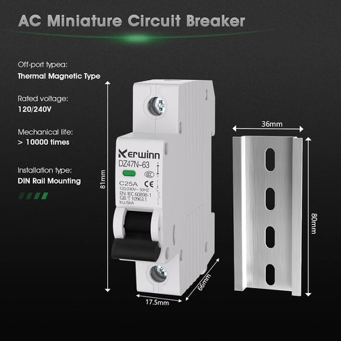 Miniature Circuit Breaker 120V/240V ac circuit breaker 1 Pole 20Amp smart circuit breaker DIN Rail Mount for Marine power systems,solar photovoltaic systems(C20A)