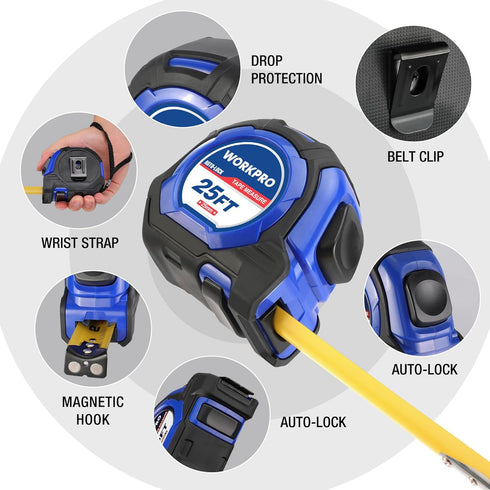WORKPRO 25FT Auto-Lock Tape Measure, 1/8 Fractions, Easy Read, Double Stop Measurement Tape with Magnetic Hook
