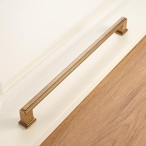 KOOFIZO Stepped Bar Cabinet Pull, Antique Brass Handle, 10 Inch/256mm Screw Spacing for Kitchen Cupboard, Dresser Drawer