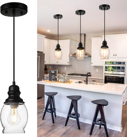 WILON Pendant Lights for Kitchen Island, Seeded Glass Mini Pendant Light Fixtures