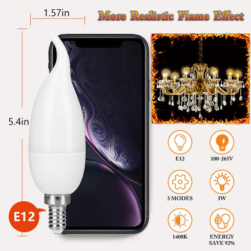 Kakolvan E12 Bulbs 3 Bulbs (2 Pack) LED Flickering Candelabra Flame Effect Light - Modes Flicker Chandelier Candle Fire