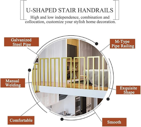 Generic 1.3ft-3.2ft Stair Handrail - U-Shaped Iron Stairway Guardrails, Gold Retro Non-Slip Hand Rails, for Elderly