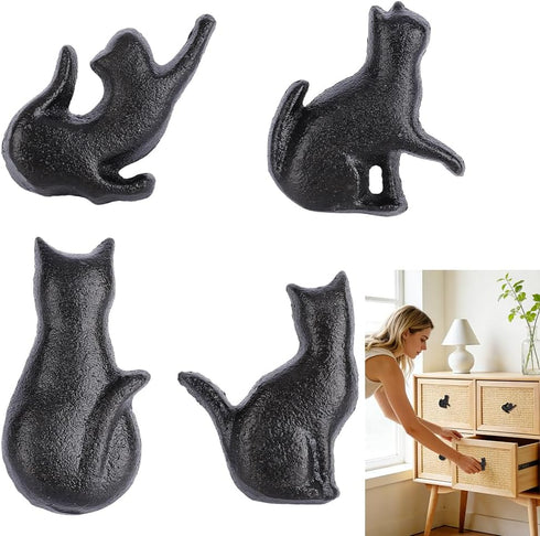 AHANDMAKER 4Pcs Vintage Cat Drawer Pull Knobs Black Iron Cabinet Door Handles