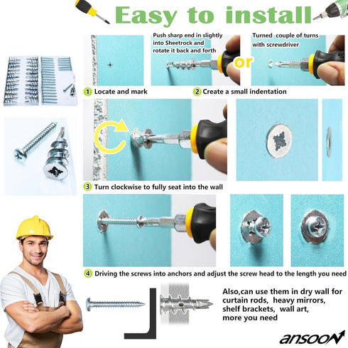 Zinc Self-Drilling Drywall Anchors with Screws Kit, 25 Heavy Duty Anchors & Screws, 50 Pieces